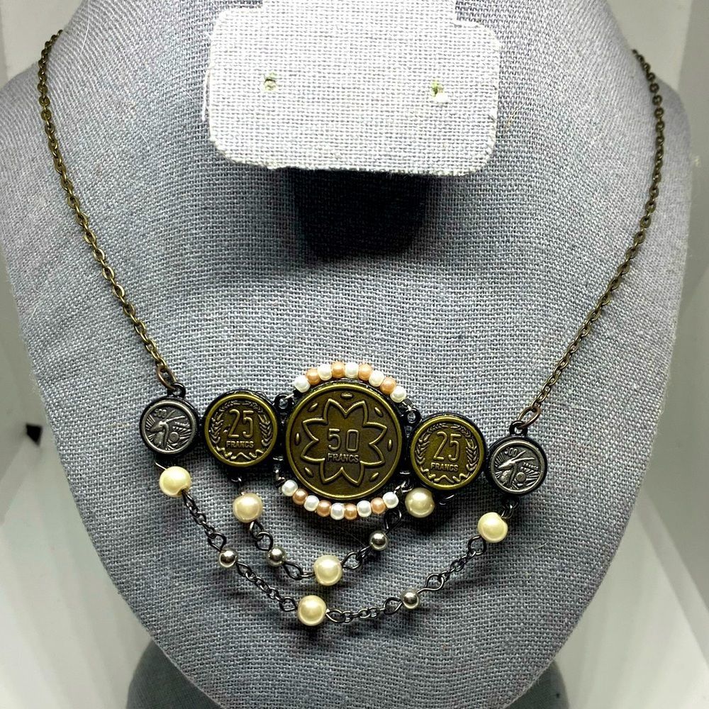 Vintage Style Handmade Artisan Pearl Accent Coin Necklace